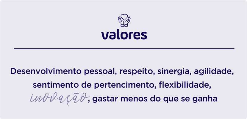 Valores - Desenvolvimento pessoal, respeito, sinergia, agilidade, sentimento de pertencimento, flexibilidade, inovação, gastar menos do que se ganha.
